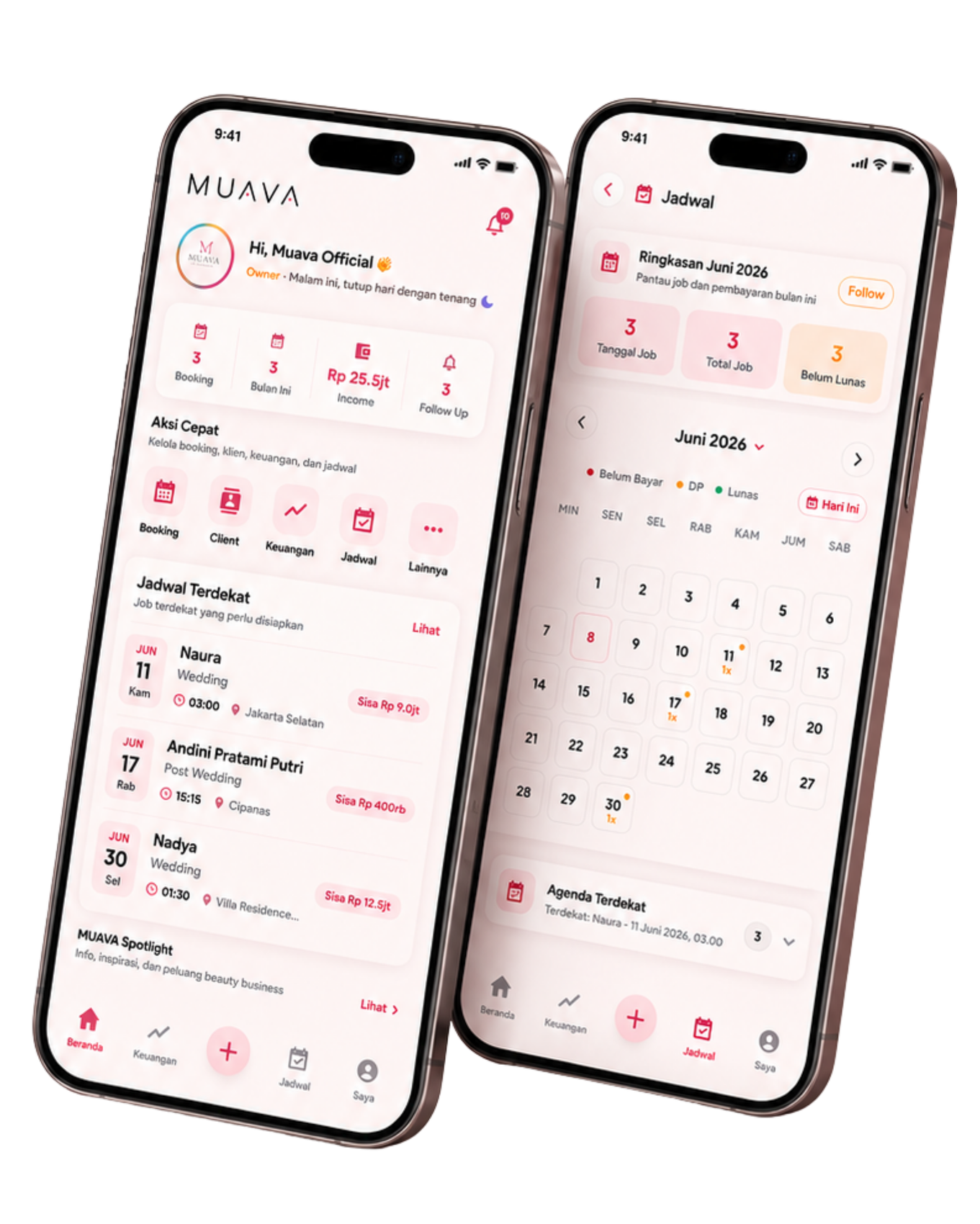 Mockup aplikasi MUAVA di dua layar ponsel